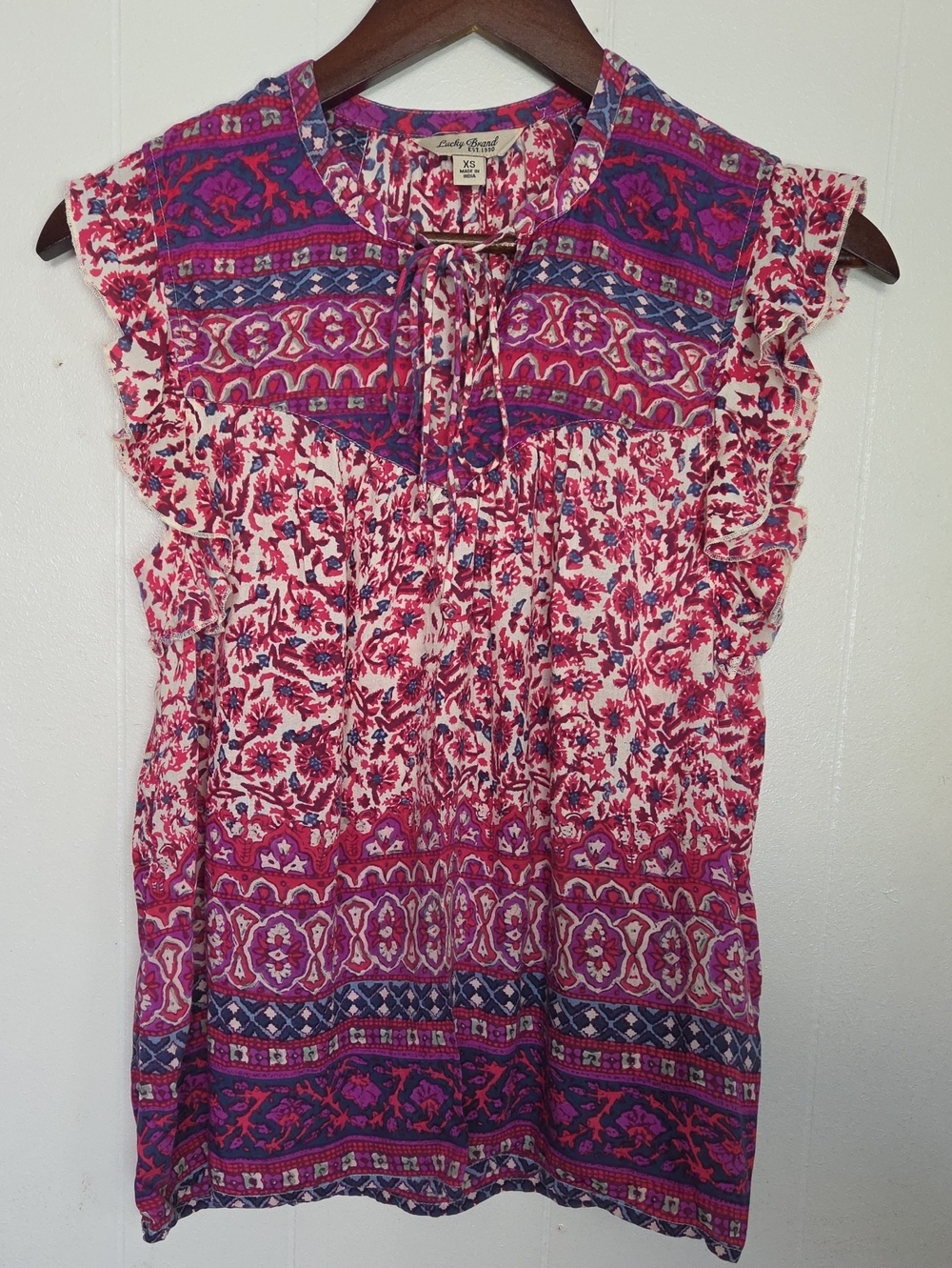 Lucky Brand Pink and Purple Floral Tie-Front Ruffle Cap Sleeve Top